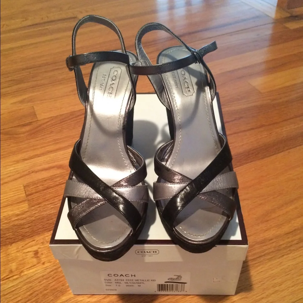 Coach Black and Metallic Silver Platform Wedge Sandals